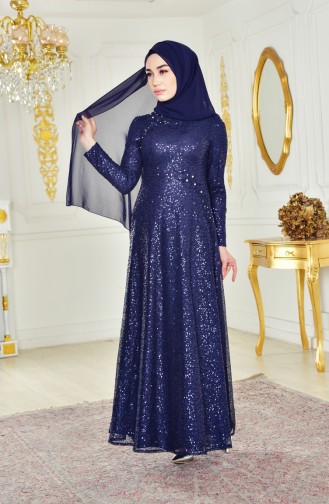 Navy Blue Hijab Evening Dress 1815-07