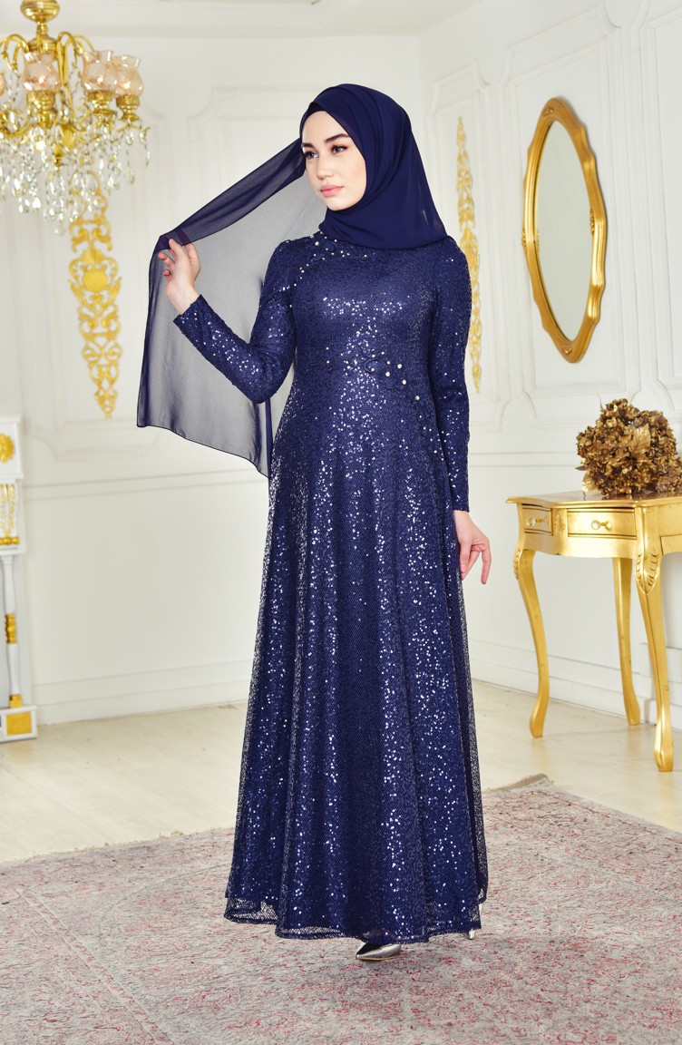 Navy Blue Hijab Evening Dress 1815 07 Sefamerve