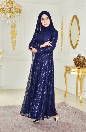 Navy Blue Hijab Evening Dress 1815-07