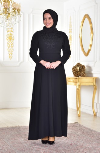 Übergröße Perlen Kleid mit Gürtel 6150-01 Schwarz 6150-01