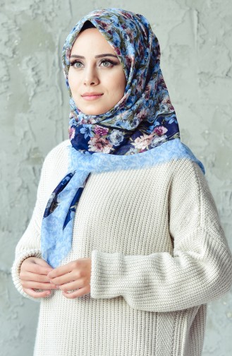 Çiçek Desenli Cotton Eşarp 2100-11 Lacivert Gök Mavisi