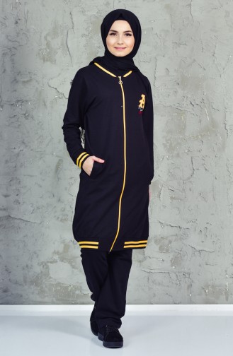 Zippered Embroidered Tracksuit Suit 18106-10 Black Mustard 18106-10