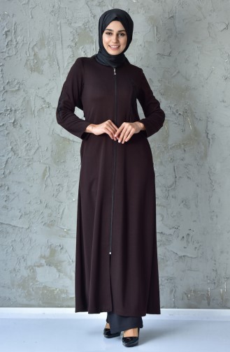 Lace Detailed Zippered Abaya 6010-03 Brown 6010-03