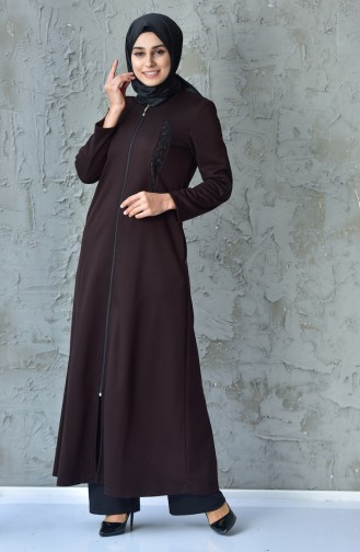 Lace Detailed Zippered Abaya 6010-03 Brown 6010-03