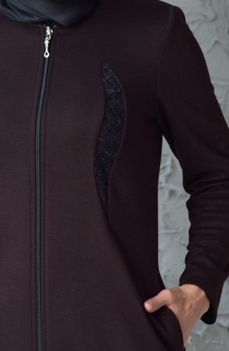 Lace Detailed Zippered Abaya 6010-03 Brown 6010-03