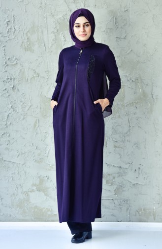 Lace Detailed Zippered Abaya 6010-02 Dark Purple 6010-02