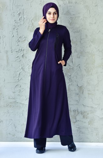 Lace Detailed Zippered Abaya 6010-02 Dark Purple 6010-02