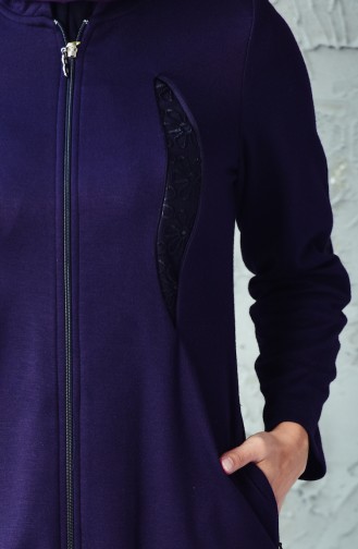 Lace Detailed Zippered Abaya 6010-02 Dark Purple 6010-02