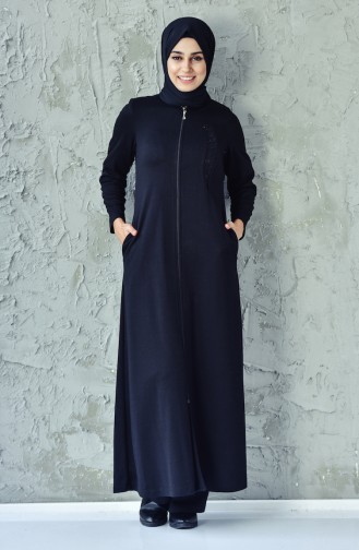 Lace Detailed Zippered Abaya 6010-04 Black 6010-04