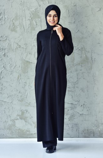 Lace Detailed Zippered Abaya 6010-04 Black 6010-04