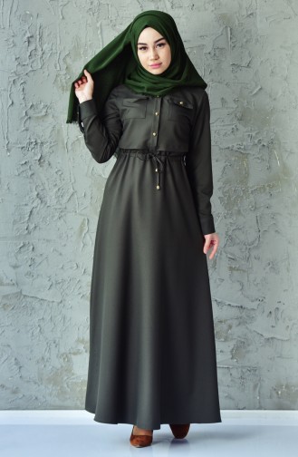 Beli Büzgülü Elbise 4502-05 Haki