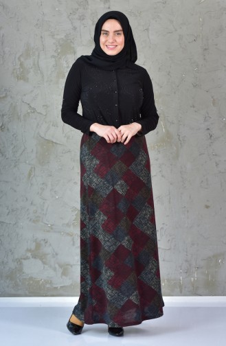 Large Size Patterned Skirt 1034-02 Claret Red 1034-02