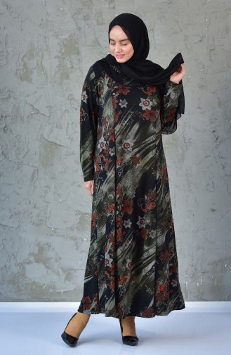 Large Size Flower Patterned Dress 4848E-02 Khaki 4848E-02