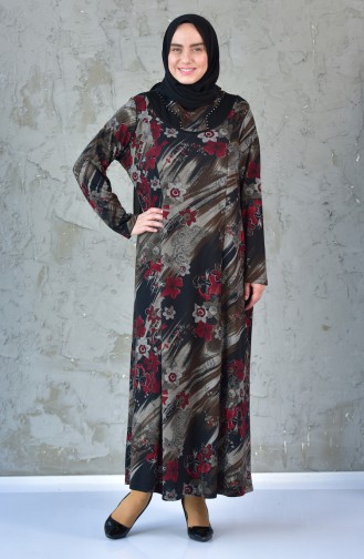 Large Size Flower Patterned Dress 4848E-03 Brown 4848E-03