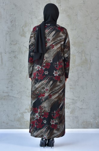 Büyük Beden Çiçek Desenli Elbise 4848E-03 Kahverengi
