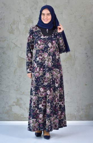 Large Size Floral Dress 4411-01 Navy Blue Dried Rose 4411-01