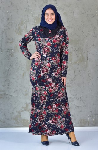 Large Size Floral Dress 4411-02 Navy Blue Red 4411-02