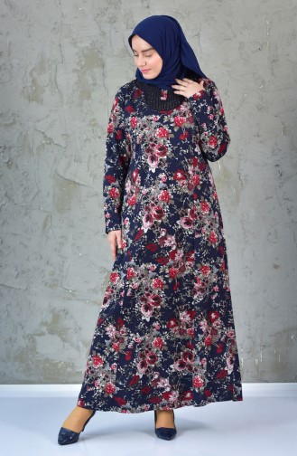 Large Size Floral Dress 4411-02 Navy Blue Red 4411-02