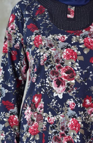 Large Size Floral Dress 4411-02 Navy Blue Red 4411-02