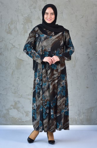 Large Size Flower Patterned Dress 4848E-04 Brown Blue 4848E-04
