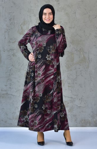 Large Size Flower Patterned Dress 4848E-01 Black Plum 4848E-01
