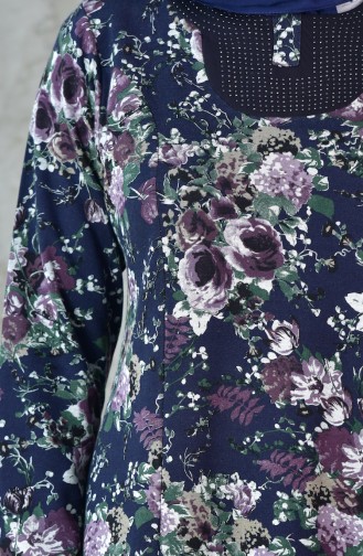 Büyük Beden Çiçekli Elbise 4411-04 Lacivert Yeşil