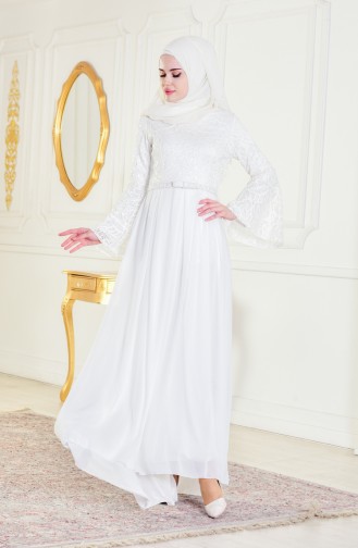 Kemerli Abiye Elbise 0718-01 Beyaz