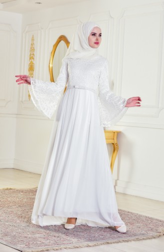 Kemerli Abiye Elbise 0718-01 Beyaz