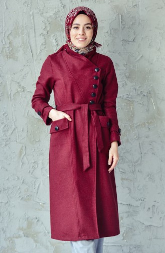 Buttoned Belted Coat 4420-04 Claret Red 4420-04