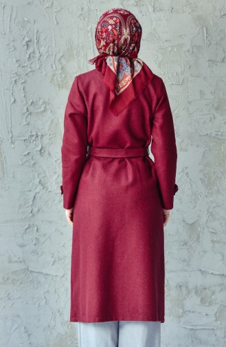 Buttoned Belted Coat 4420-04 Claret Red 4420-04
