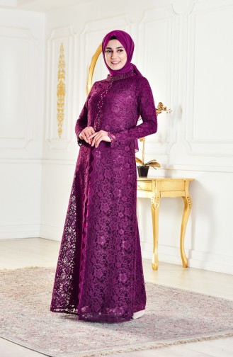 Plum Hijab Evening Dress 1165-04