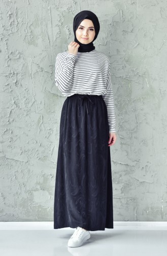 Waist Elastic Patterned Skirt 1047-01 Black 1047-01