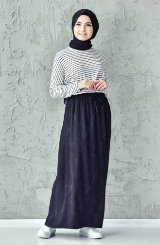 Waist Elastic Patterned Skirt 1047-01 Black 1047-01