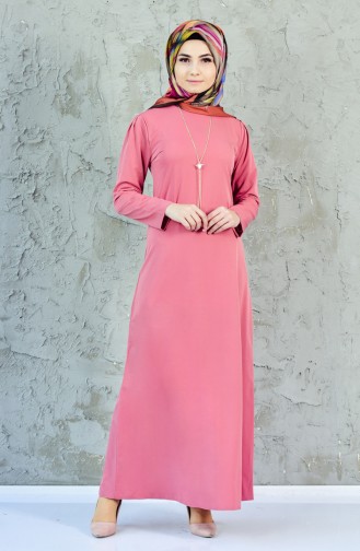 فستان بتصميم مُزين بقلادة4082-15 لون وردي باهت 4082-15