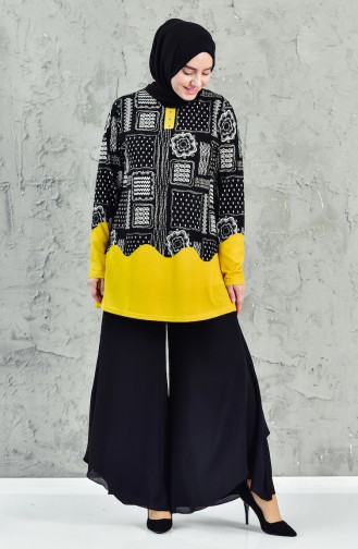 Large Size Patterned Tunic 4720-02 Black Yellow 4720-02