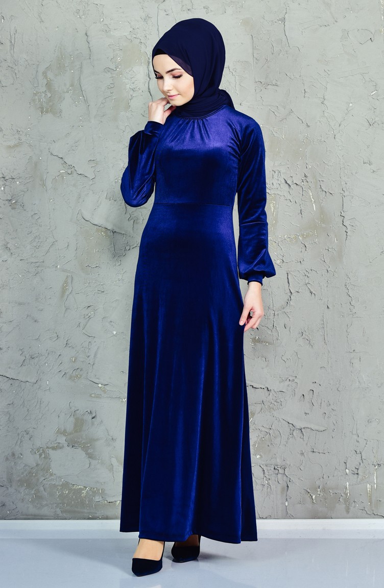 Kadife Elbise 4024-03 Lacivert