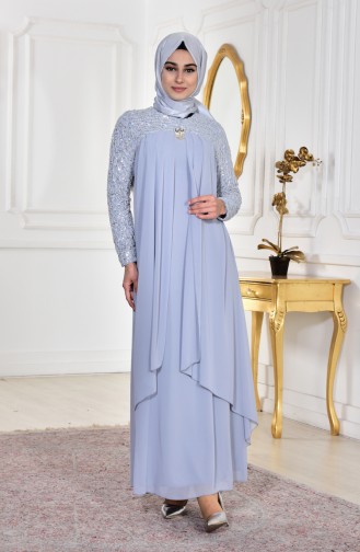 Brooch Detailed Chiffon Evening Dress Gown 52651-11 Gray 52651-11