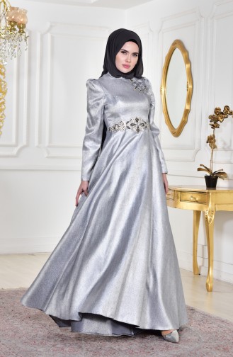 فستان بتصميم مُطبع باحجار لامعة 8000-01 لون رمادي 8000-01