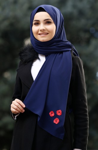 Flower Embroidered Crepe Shawl 16832-01 Navy Blue 16832-01