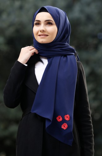 Flower Embroidered Crepe Shawl 16832-01 Navy Blue 16832-01