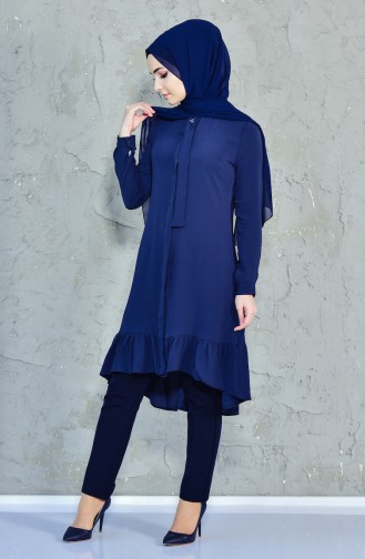 Hidden Buttoned Pleated Tunic 2002-02 Navy Blue 2002-02