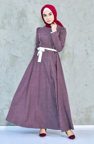 TUBANUR Checkered Belted Dress 7204-02 Claret Red 7204-02