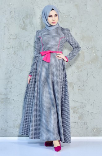 TUBANUR Checkered Belted Dress 7204-06 Gray 7204-06