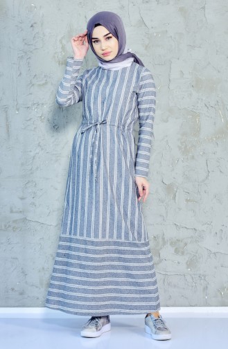 توبانور فستان مُخطط بتصميم مزموم عند الخصر 3034-03 لون رمادي 3034-03