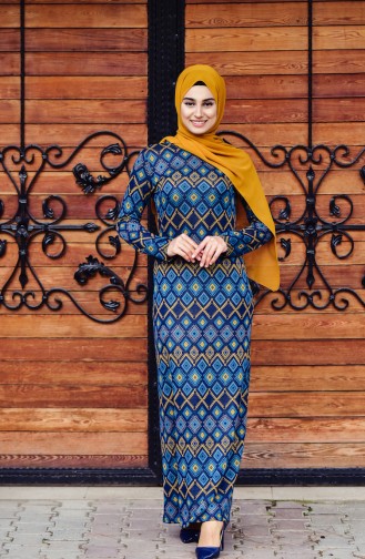 Geometrik Desenli Elbise 2994-02 Petrol