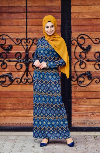 Geometrik Desenli Elbise 2994-02 Petrol