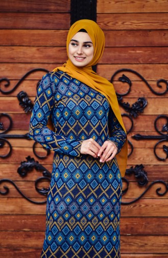 Geometrik Desenli Elbise 2994-02 Petrol
