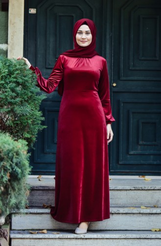 Kadife Elbise 4024-04 Fuşya