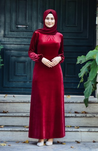 Kadife Elbise 4024-04 Fuşya