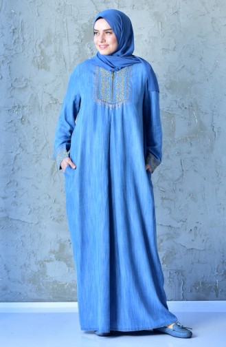 Büyük Beden Nakışlı Kot Elbise 1792-01 Mavi